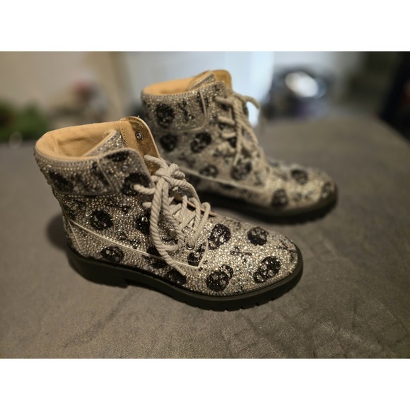 Betsey Johnson Shoes - Betsy Johnson Hudson Rhinestone Skull Boots - Size 8 Bling Silver Black